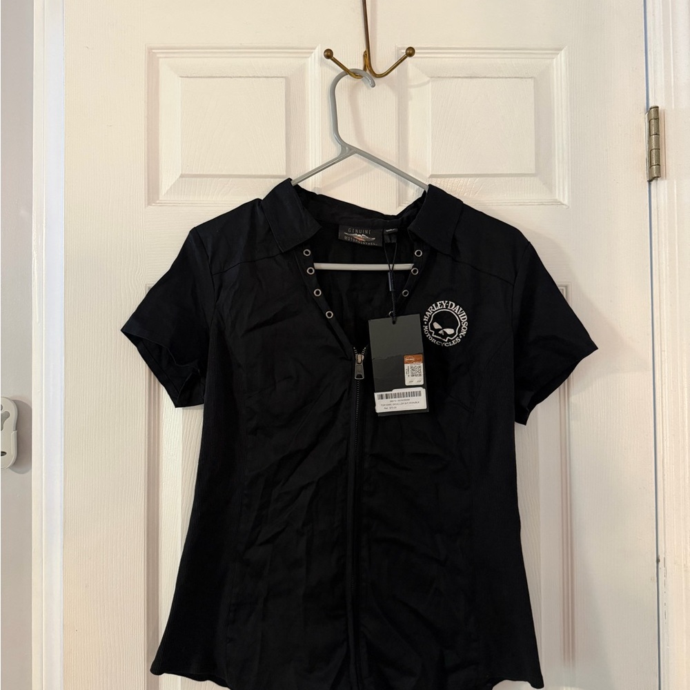 Harley-Davidson Black Short Sleeve Zip-Up Shirt with Skull Logo